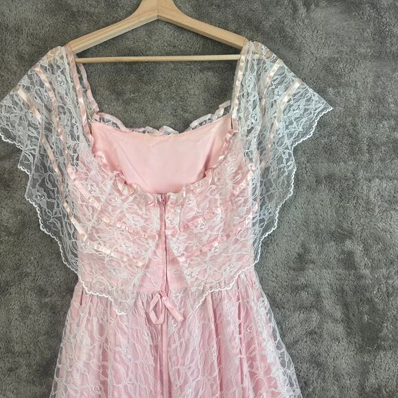 Vintage 80s Pale Pink Lace Off Shoulder Full Skirt Prom Dress Prairie Cottage - Picture 6 of 14